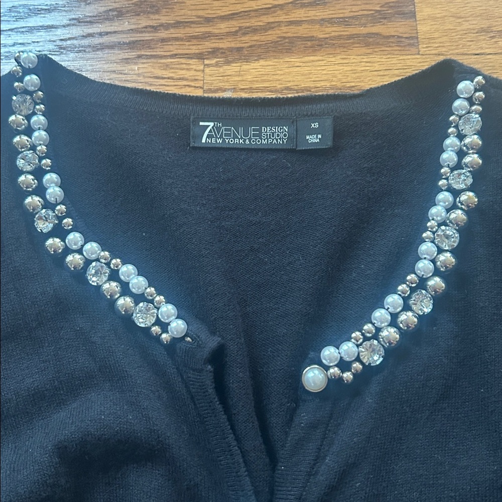 7th Avenue Design Studio NY and Company Black Cardigan with pearls Size XS - Picture 2 of 10